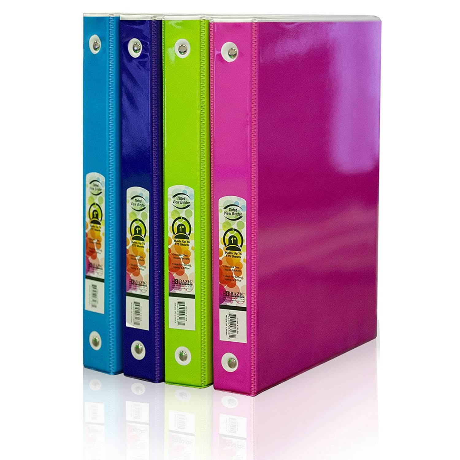 BAZIC 1" 3-Ring Tinted View Binder with 2 Pockets, Assorted Colored Tinted Films (3168-24)