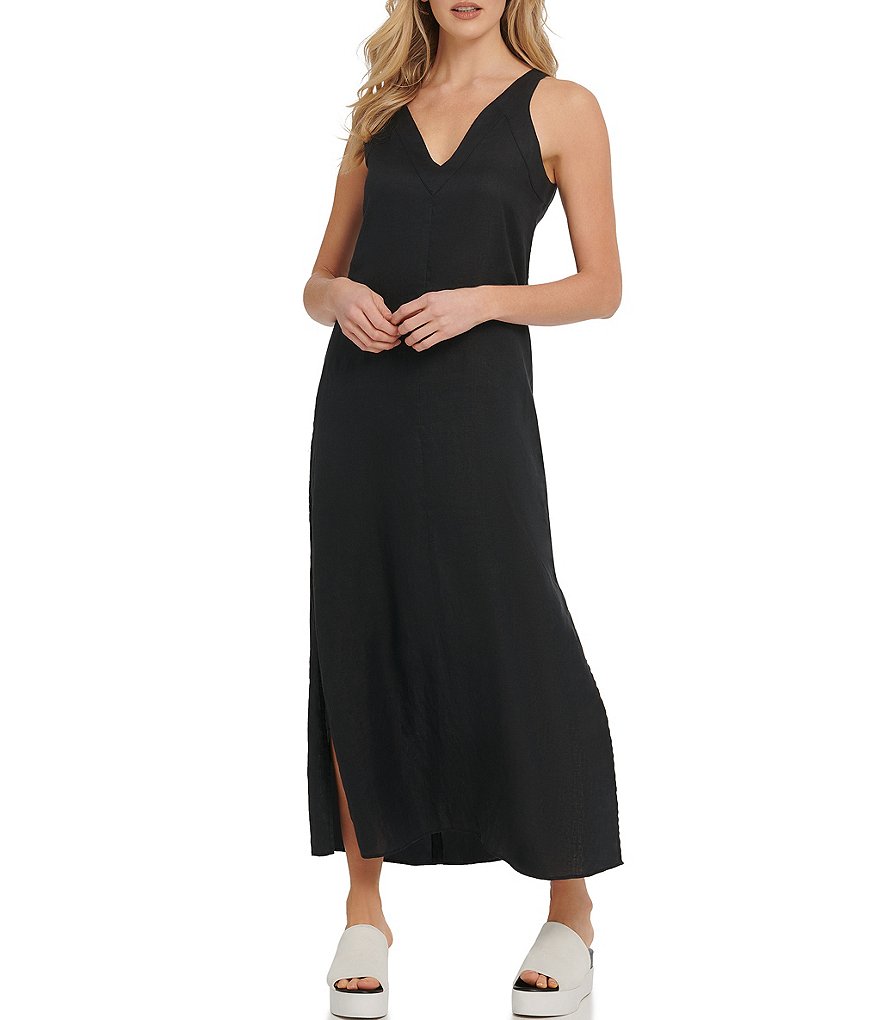 DKNY V-neck Linen Side Slit Dress