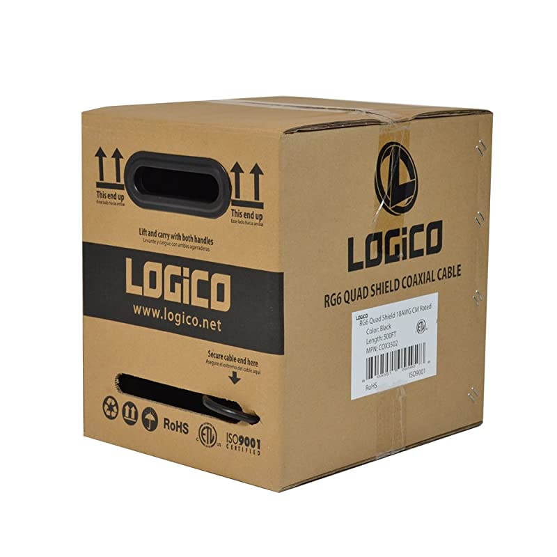 RG6 Quad Shield 18 AWG Satellite TV Black 500 Feet ft Coaxial Coax Cable Wire