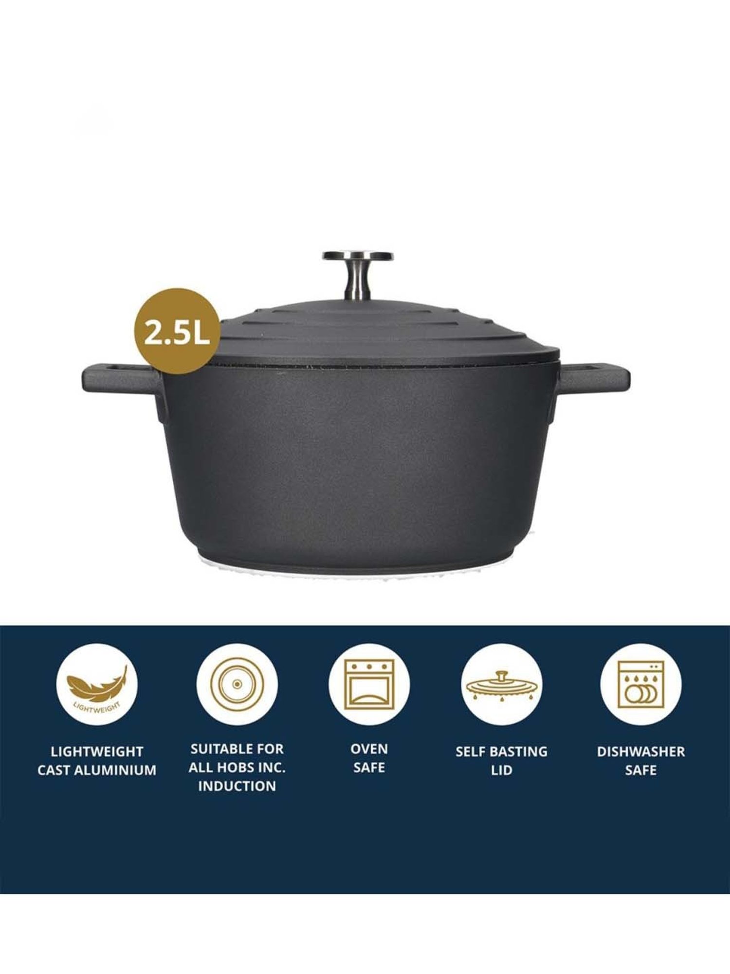 MasterClass Black Medium Aluminium Casserole - 2.5 Litre