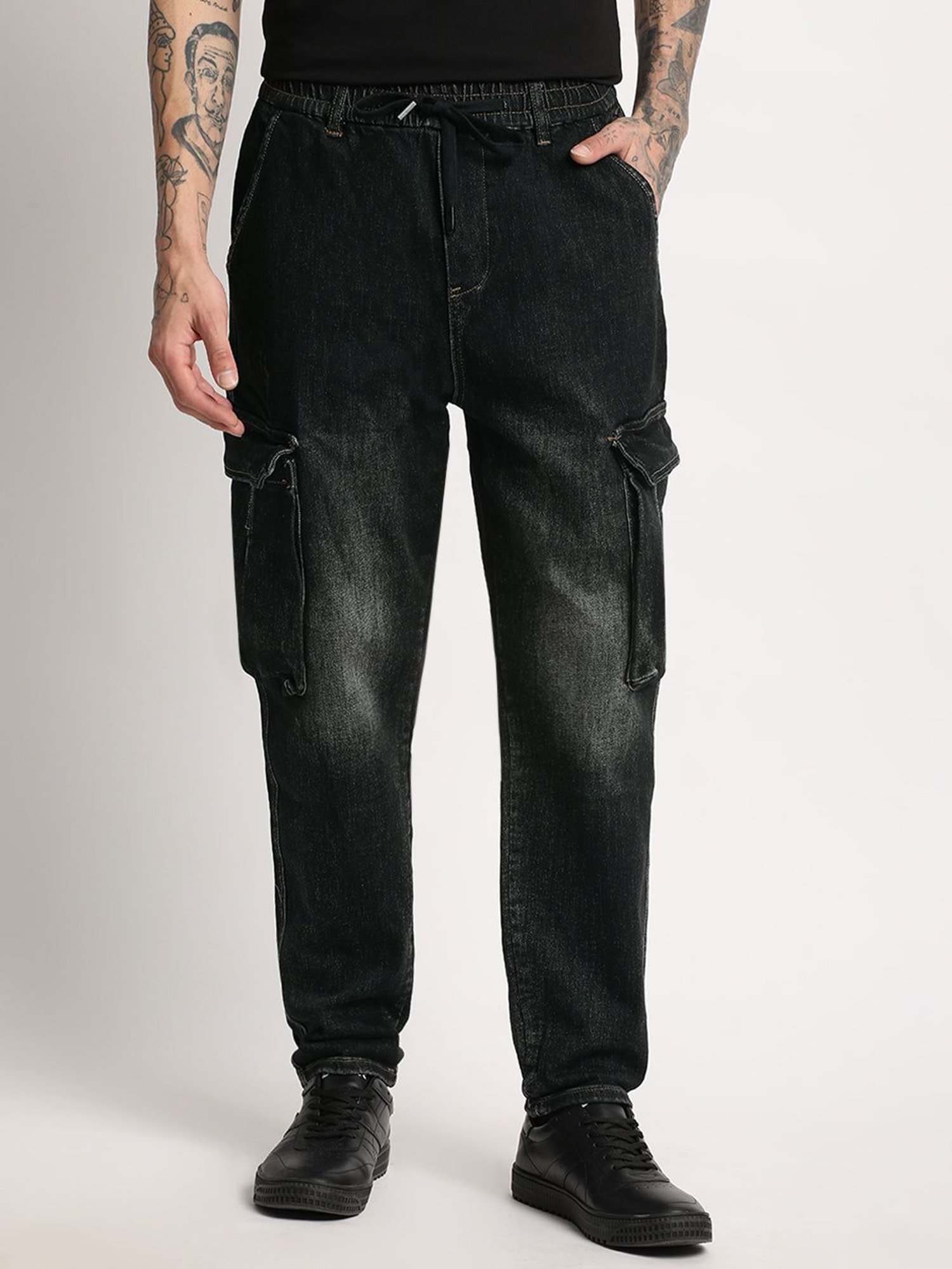 The Bear House Black Cotton Regular Fit Cargo Jeans