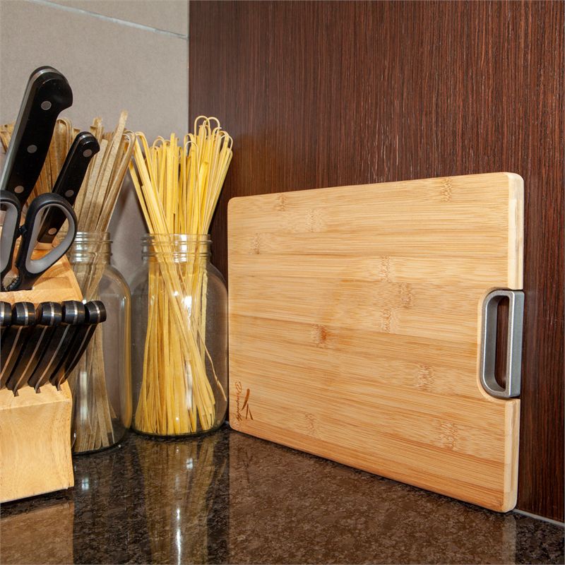 Pemberly Row Bamboo Large Chopping Board with Metal Handle in Natural