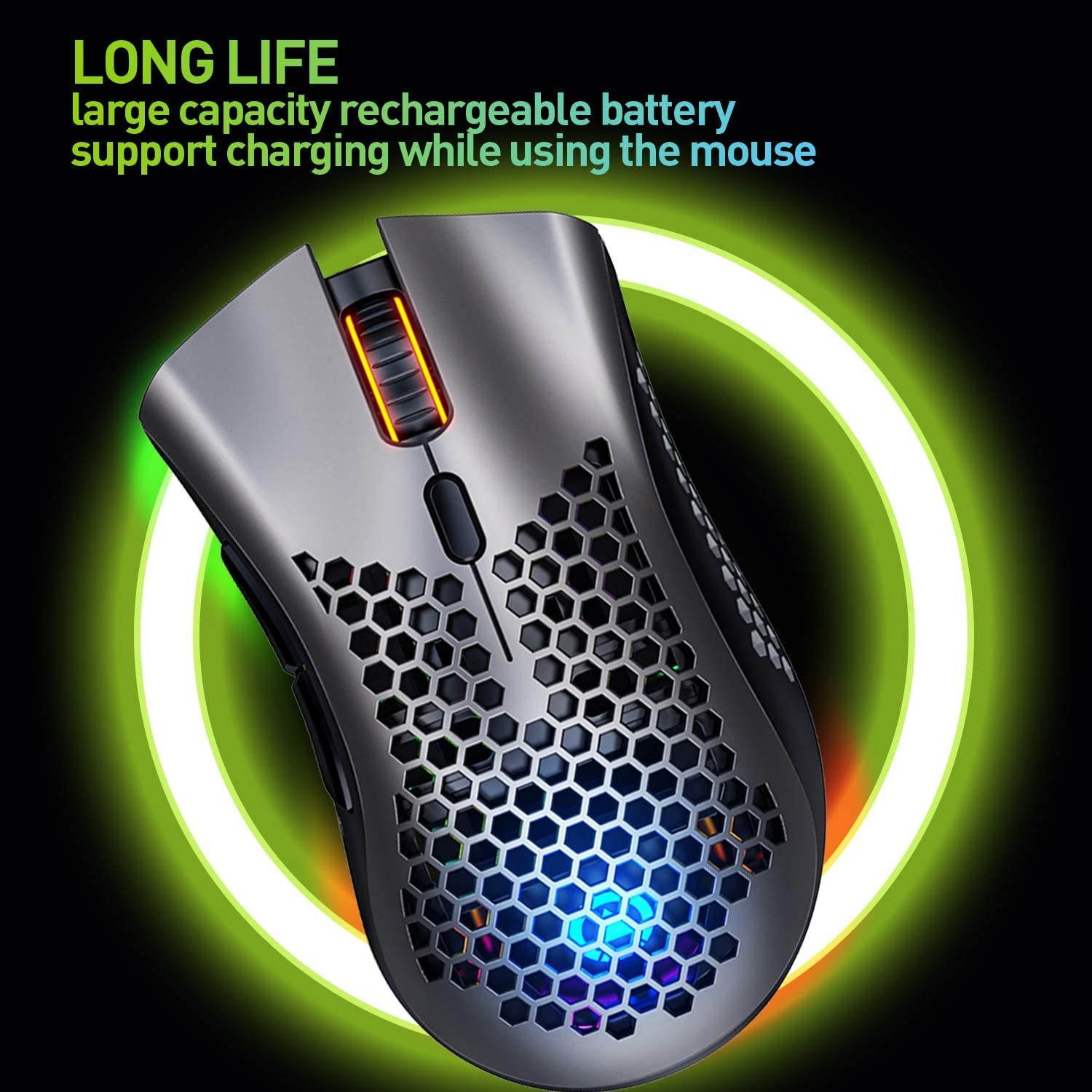 Mashiro Wireless Gaming Mouse Wireless Honeycomb Mouse 7 Programmed Buttons with Silent Click USB Receiver Ergonomic RGB Optical Sensor Lightweight Honeycomb Shell Mouse for Computer Laptop PC