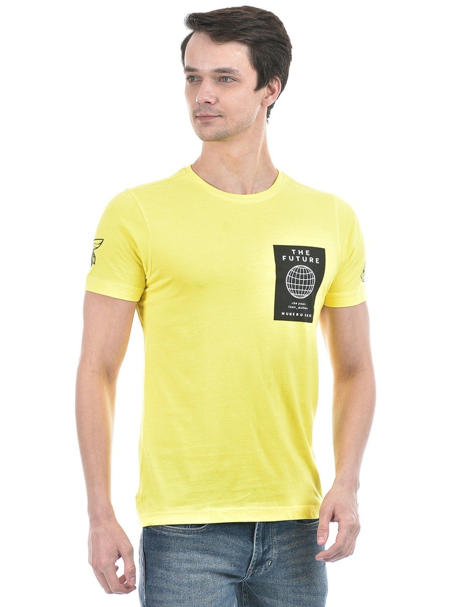Numero Uno Acid Yellow Cotton Slim Fit Printed T-Shirt