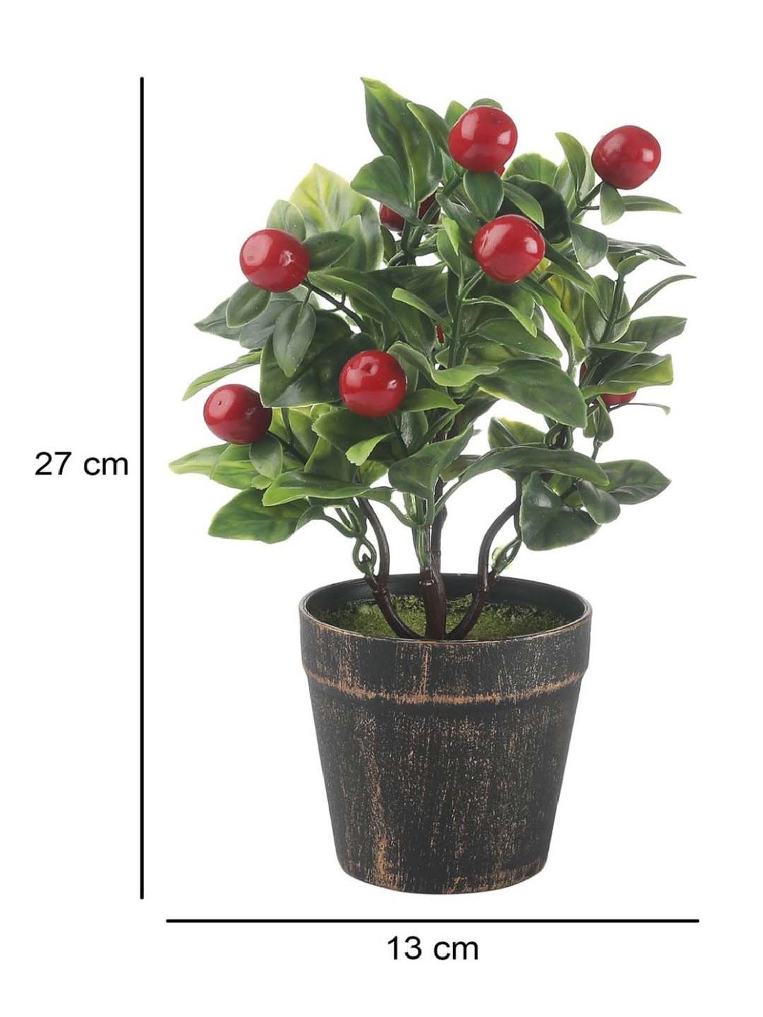 Foliyaj Green & Red Plastic Artificial Cherry Bonsai Tree With Pot