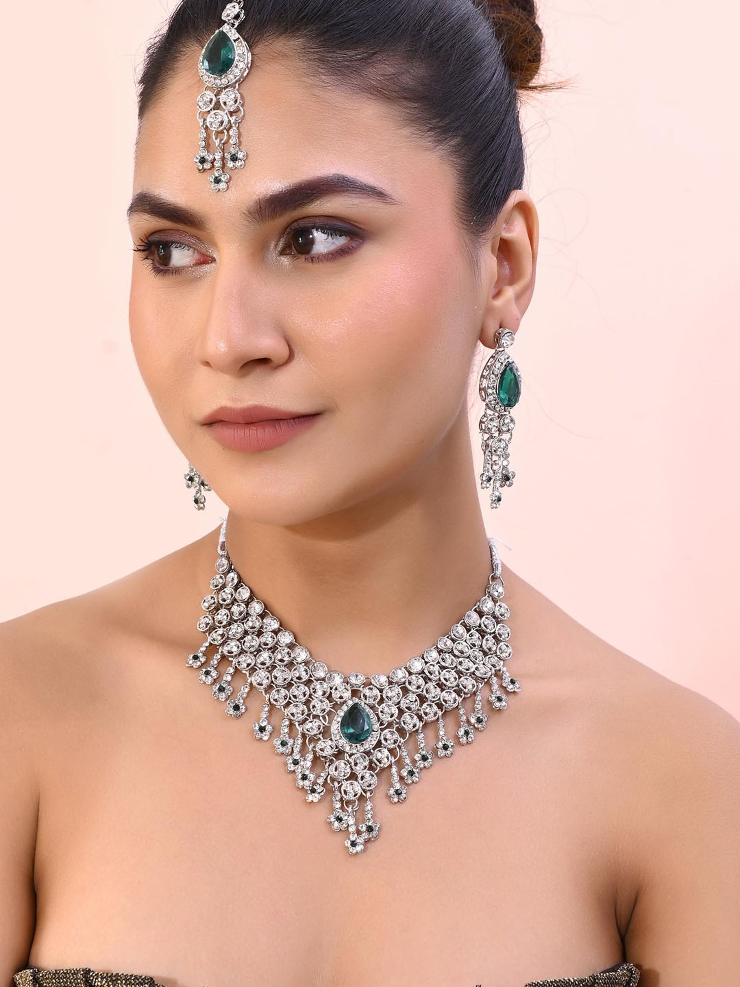 VOJ Silver Plated Cz-Stone Studded with Green Stone Choker Set with Mangtikka for Women