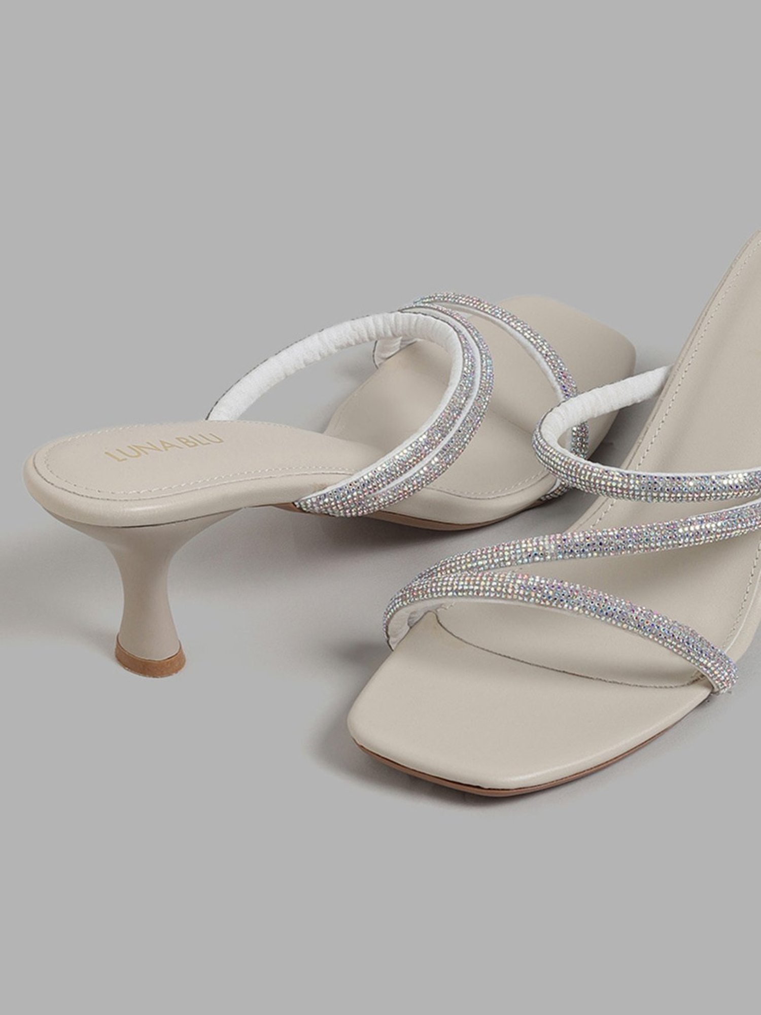 LUNA BLU by Westside Ivory Three Band Embellished Heel Sandals