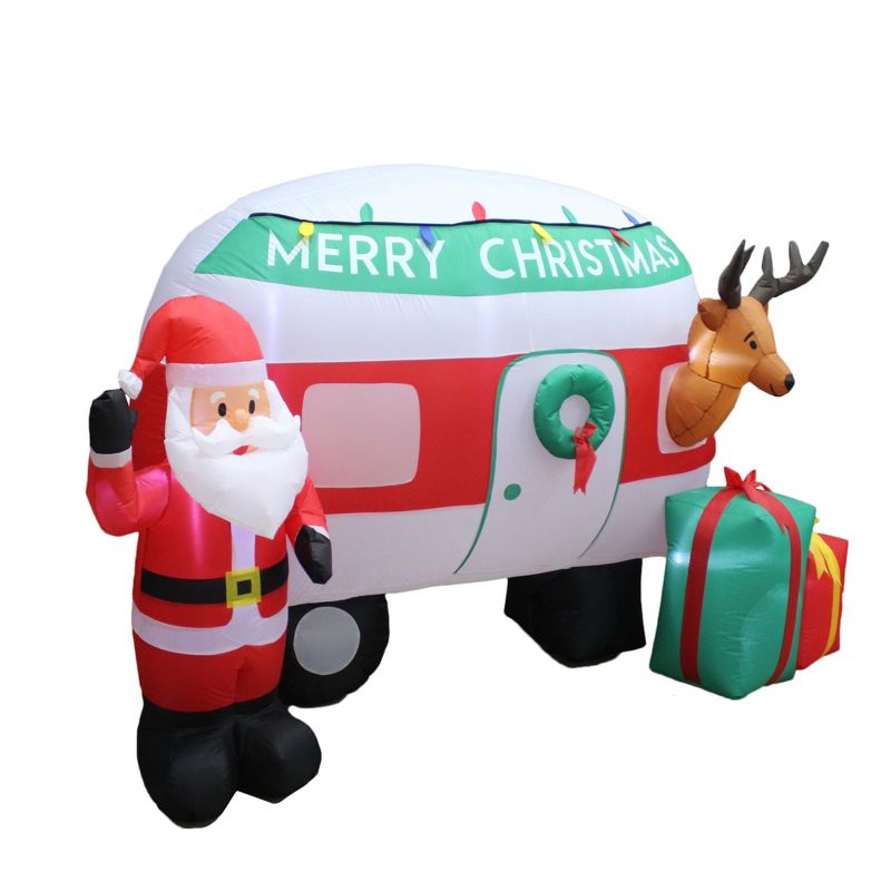 A Holiday Company Heavy Duty 8 Foot Weather Resistant Self Inflatable Blow up Santa Reindeer Christmas Camper Holiday Lawn Decoration with LED Lights