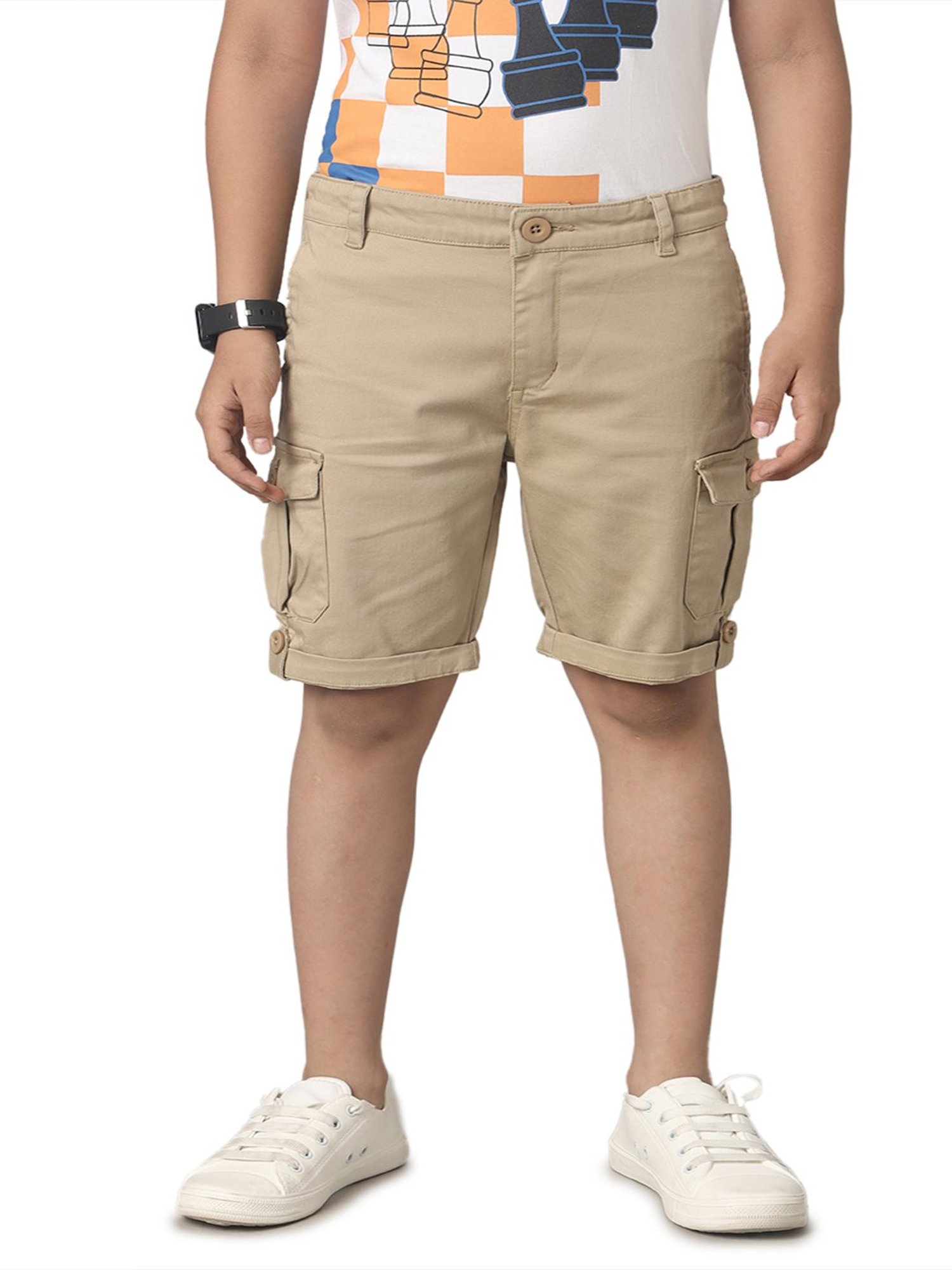 Under Fourteen Only Kids Khaki Solid Cargo Shorts