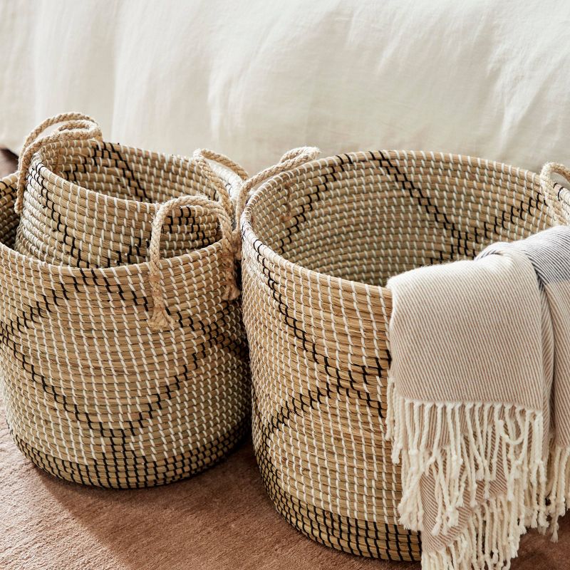 3pk Round Seagrass Storage Baskets with Handles Brown