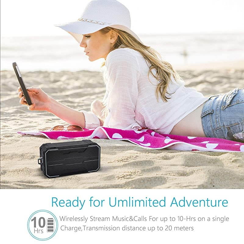 Portable Bluetooth Speaker IPX6 Waterproof Wireless Speaker with 10W HD Stereo Sound Rich Bass 10H Playtime Builtin Mic and AUXSD Input for Shower Pool Outdoor Travel