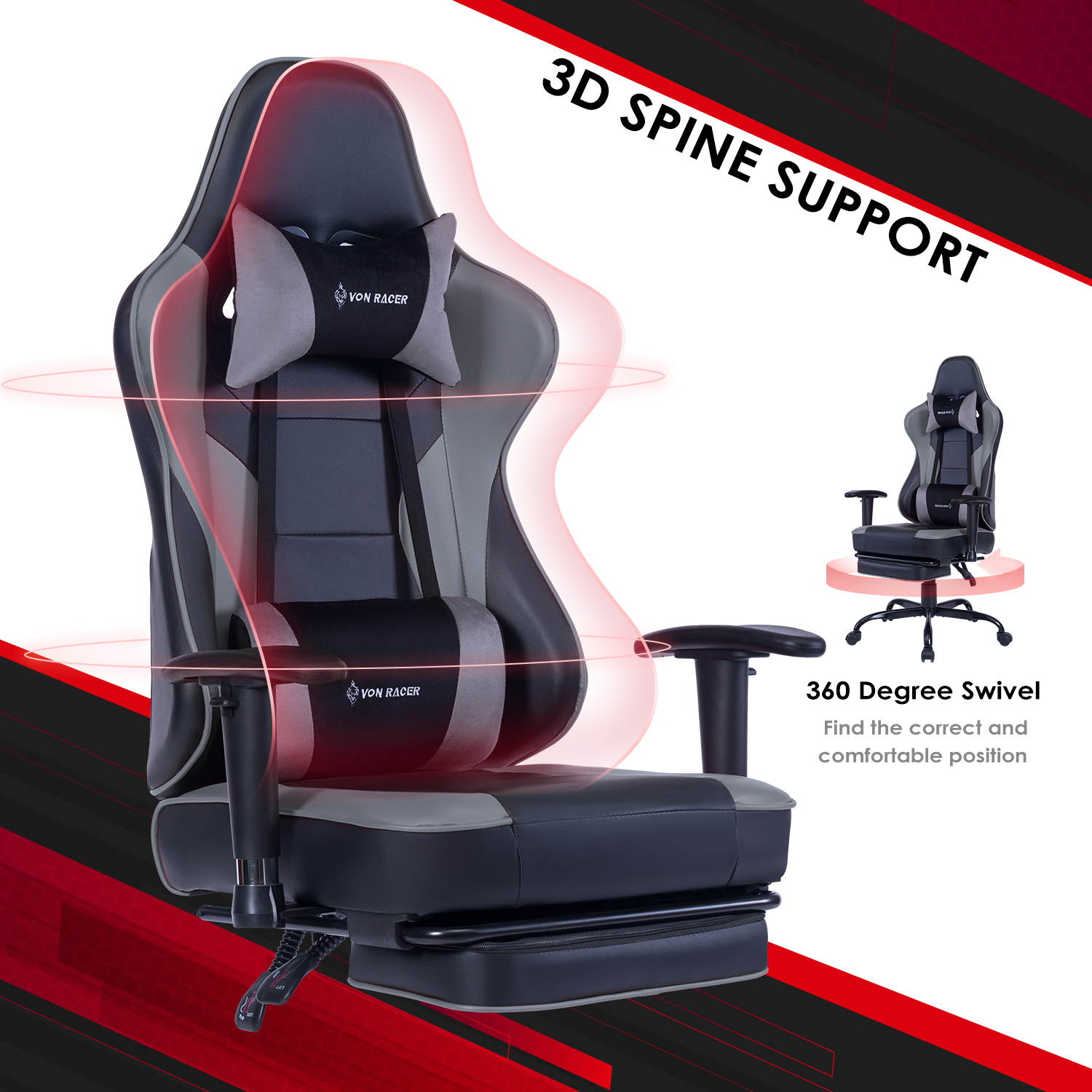 VON RACER Massage Gaming Chair - High Back Racing PC Computer Desk Office Chair Swivel Ergonomic Executive Leather Chair with Footrest and Adjustable Armrests(Grey)