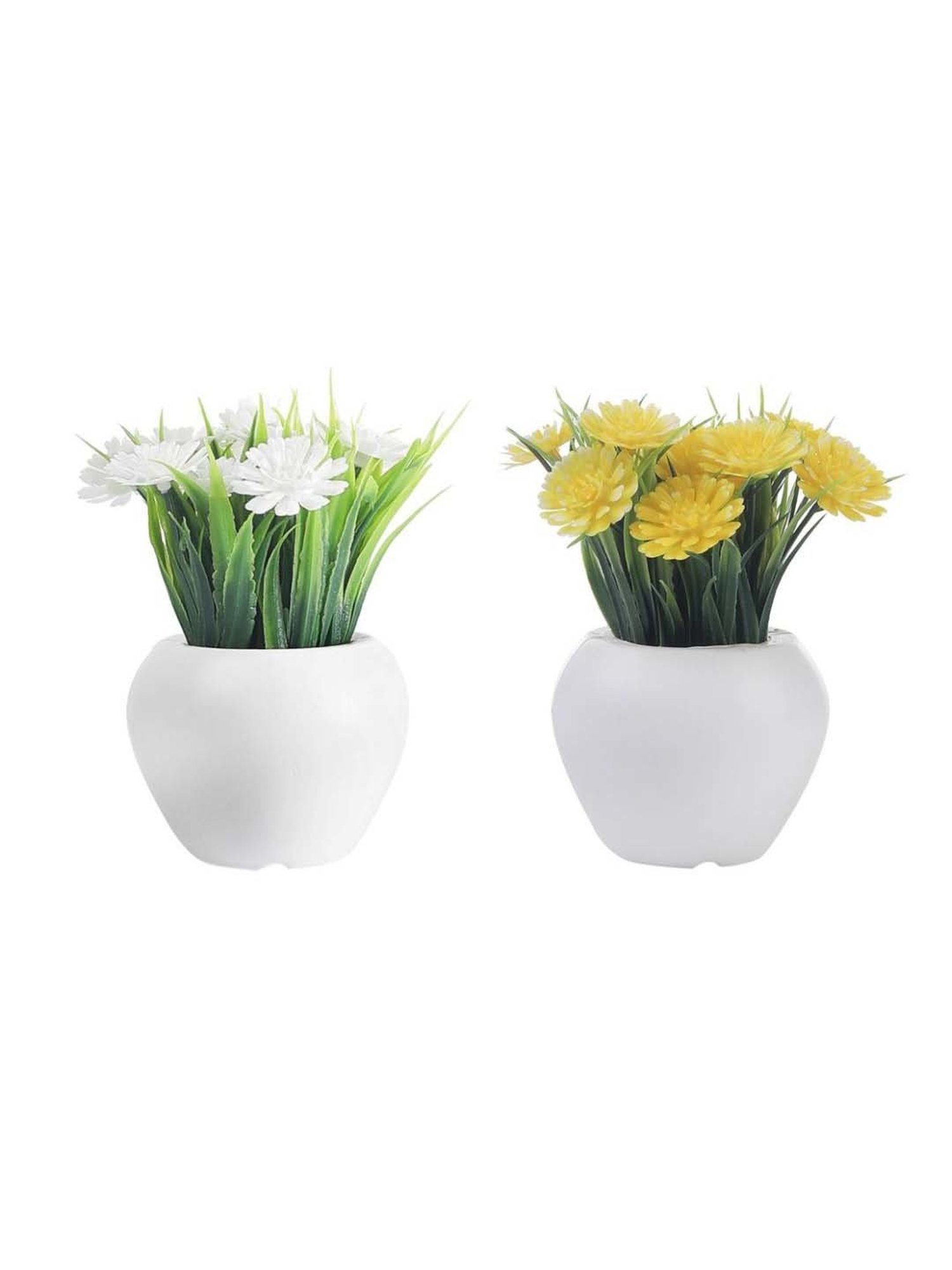 Foliyaj Yellow & White Plastic Artificial Mini Gerbera Plant With Thin Long Leaves - Set of 2