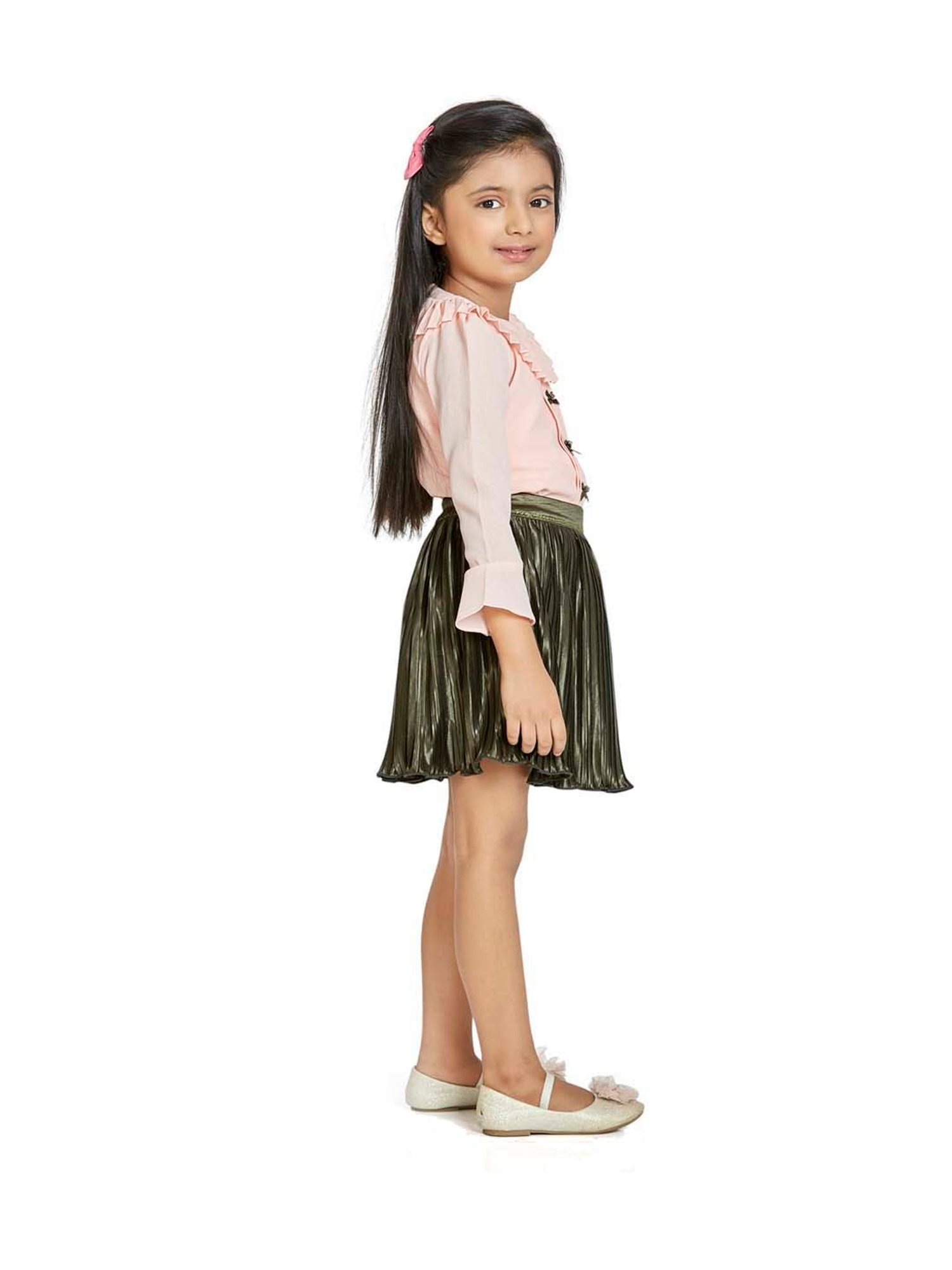 Peppermint Kids Pink & Olive Flared Fit Full Sleeves Top Set