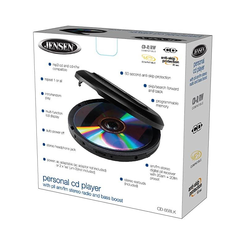 Portable CD Player Personal CD/MP3 Player + AM/FM Radio + with LCD Display Bass Boost 60-Second Anti Skip CD R/RW/Compatible+ Sport Earbuds Included (Limited Edition Black Series)