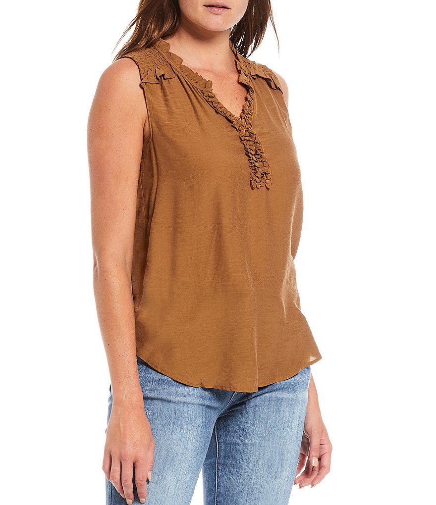 Democracy Ruffle Trim V-Neck Ruched Shoulder Details Sleeveless Woven Tank