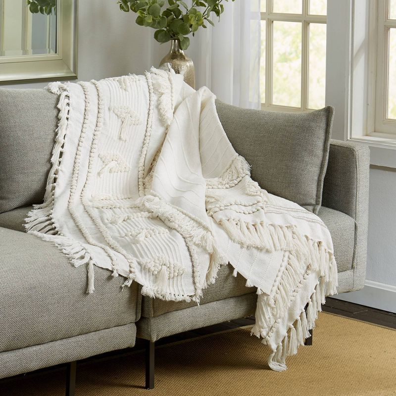 50"x60" Diamond Patterned Striped Throw Blanket with Fringe Black/Natural - Patina Vie