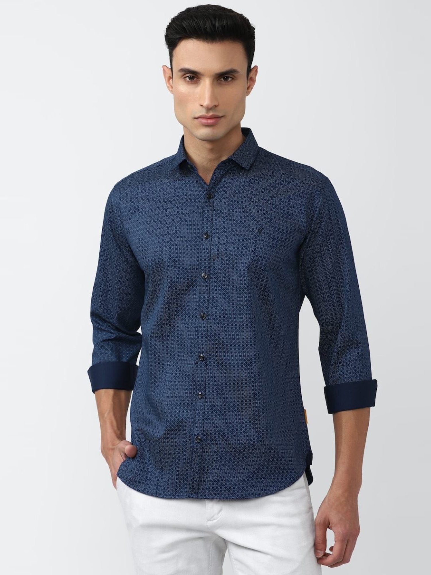 V Dot Navy Cotton Slim Fit Printed Shirt