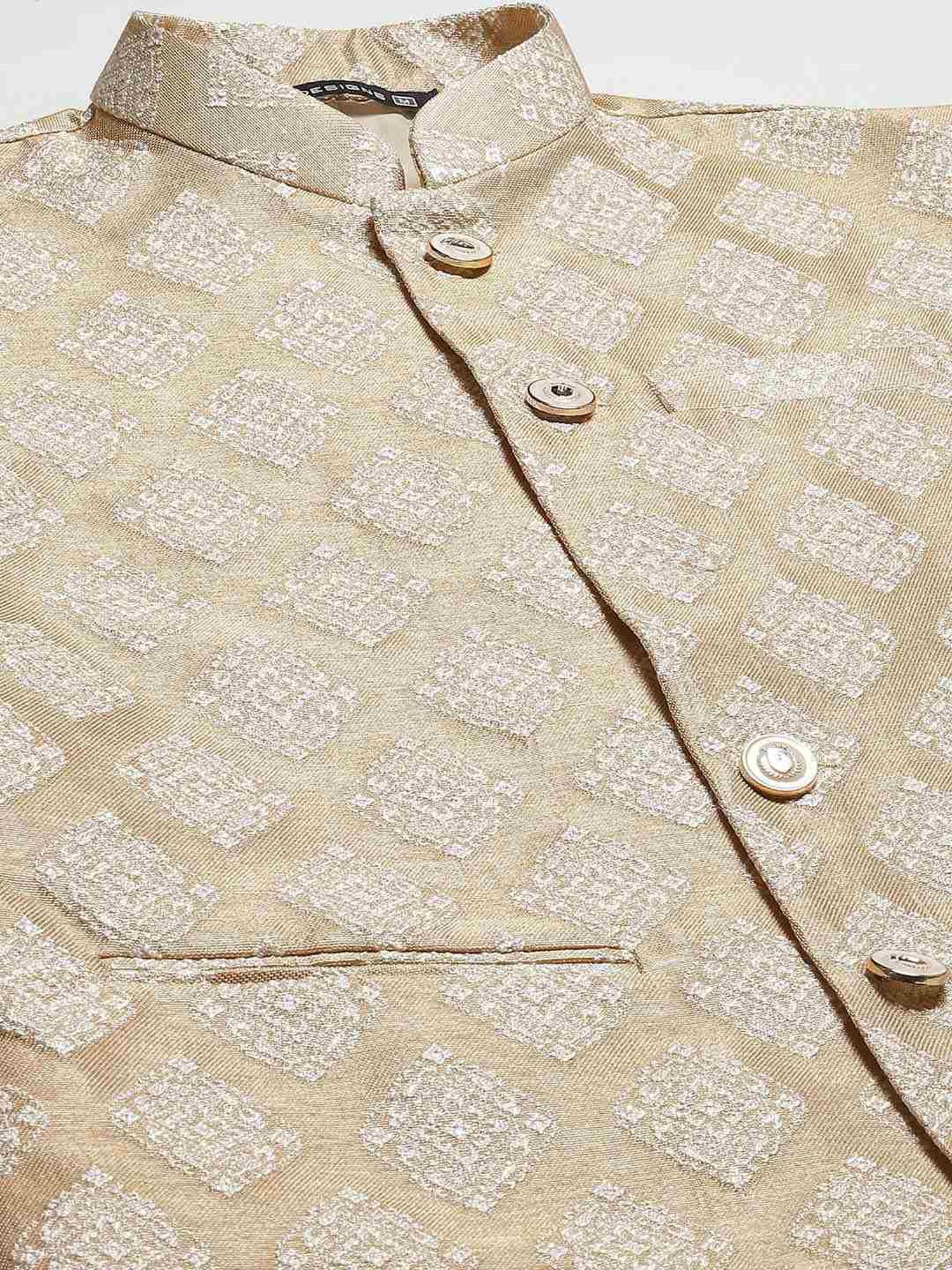 See Designs Gold Regular Fit Self Pattern Nehru Jacket