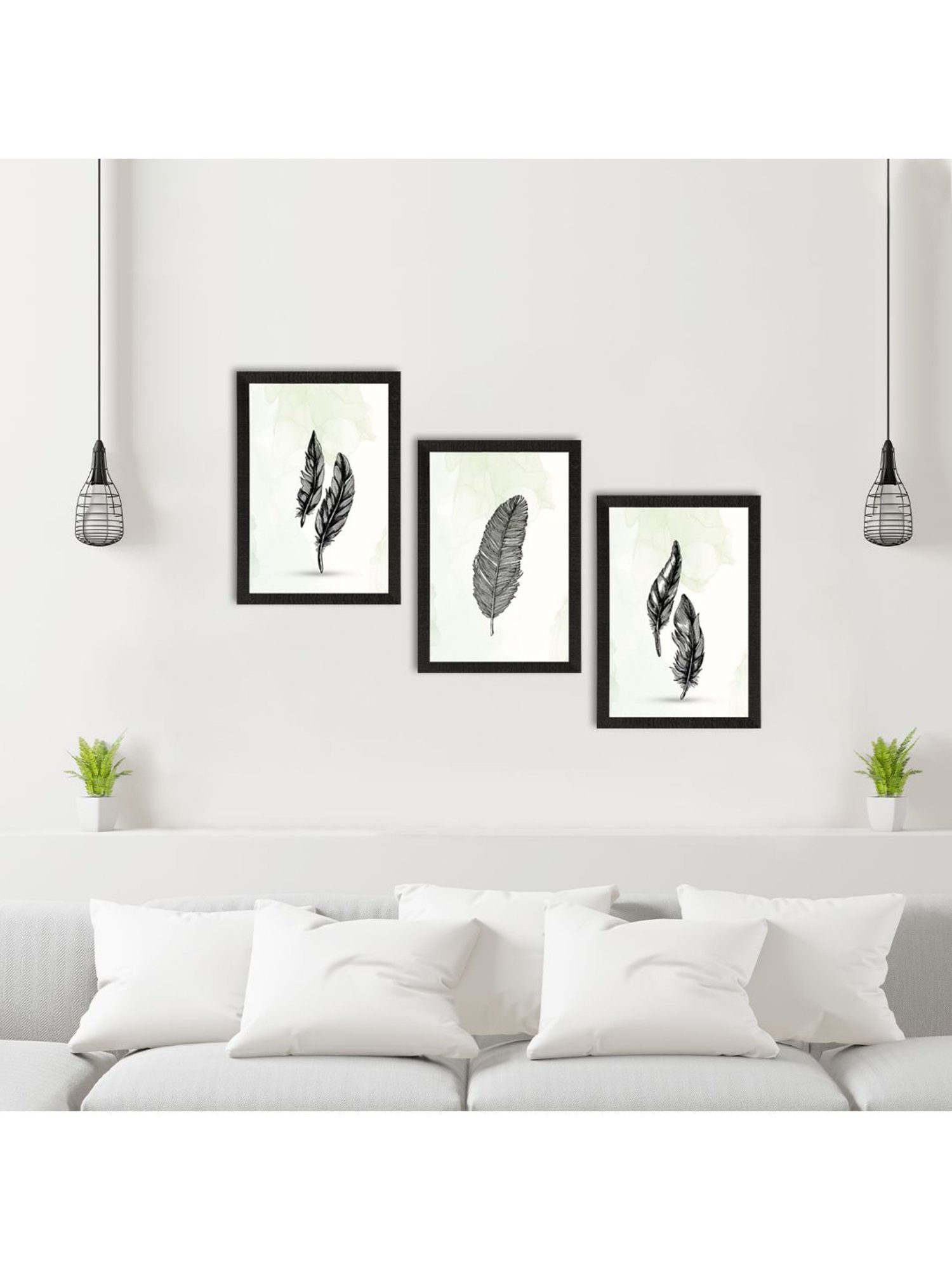 eCraftIndia Feather Line Art Set of 3 Satin Matt Texture UV Art Painting