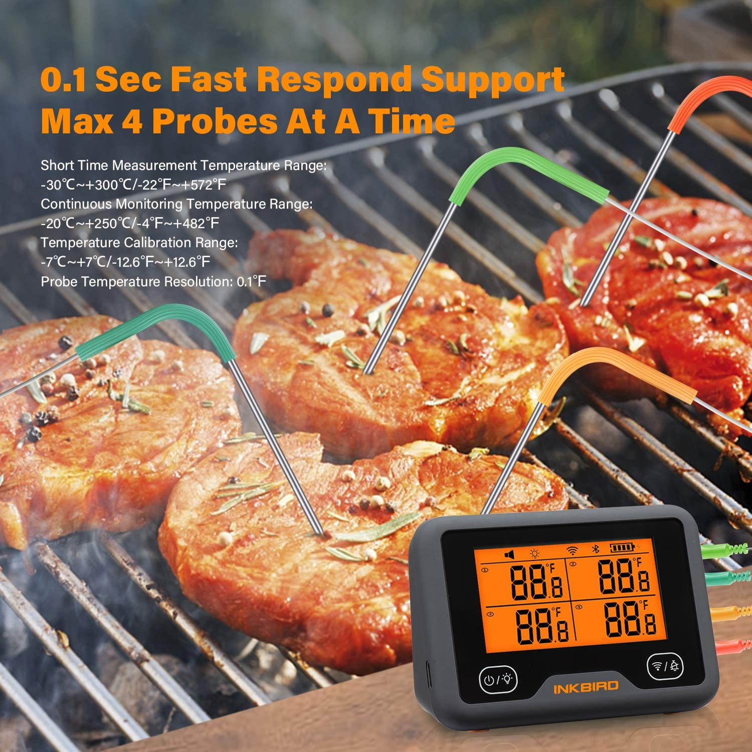 Inkbird Wi-Fi Bluetooth Grill Thermometer IBBQ-4BW, Wireless Meat Thermometer with 4 Probes, Timer, High/Low Temp Alarm, WiFi Meat Grill Thermometer for Smoker, Oven, Kitchen, Drum