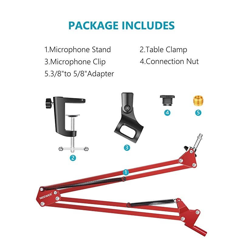 Adjustable Microphone Suspension Boom Scissor Arm Stand Max Load 1 KG Compact Mic Stand for Radio Broadcasting Studio VoiceOver Sound Studio Stages and TV StationsRed