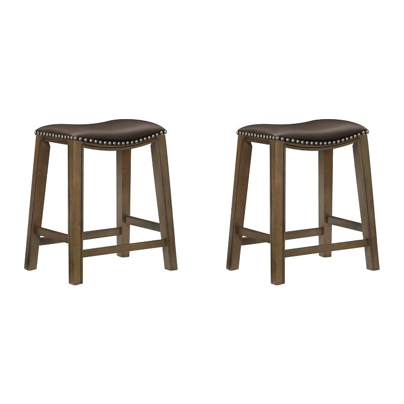 Homelegance 24" Counter Height Wooden Stool Saddle Seat Barstool, Brown (2 Pack)