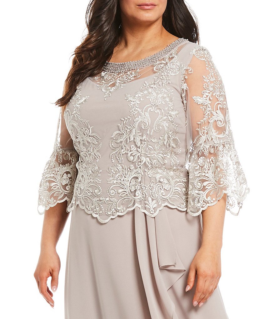 Le Bos Plus Size Pearl Round Neck Trim Detail 3/4 Bell Sleeve Lace Popover Cascade A-Line Gown