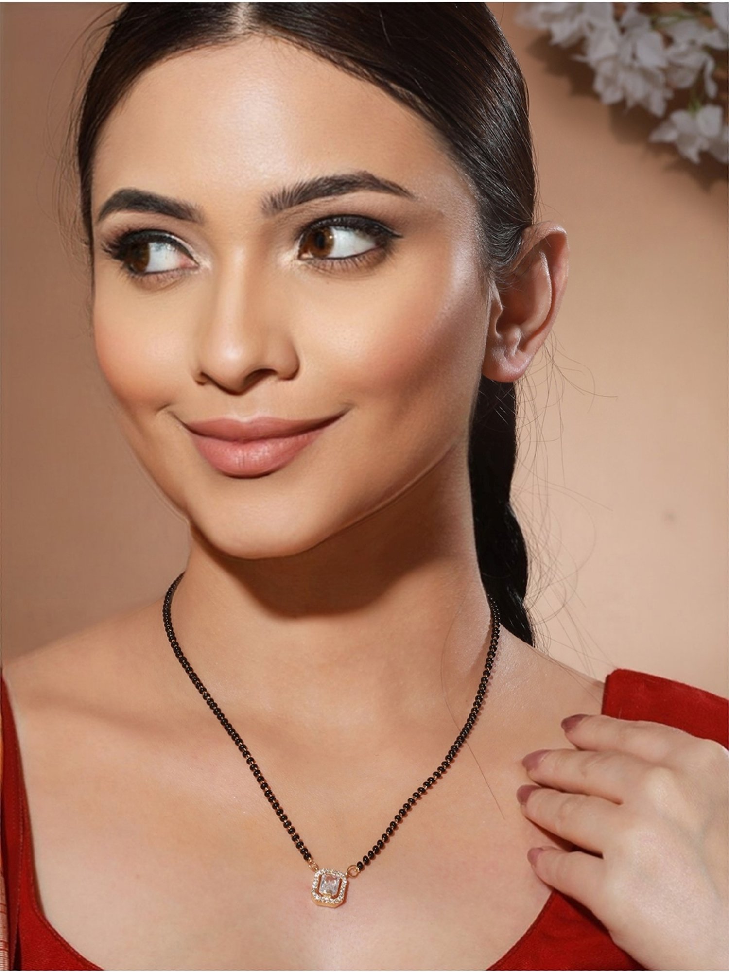 Priyaasi Studded Block AD Black Beads Gold-Plated Mangalsutra