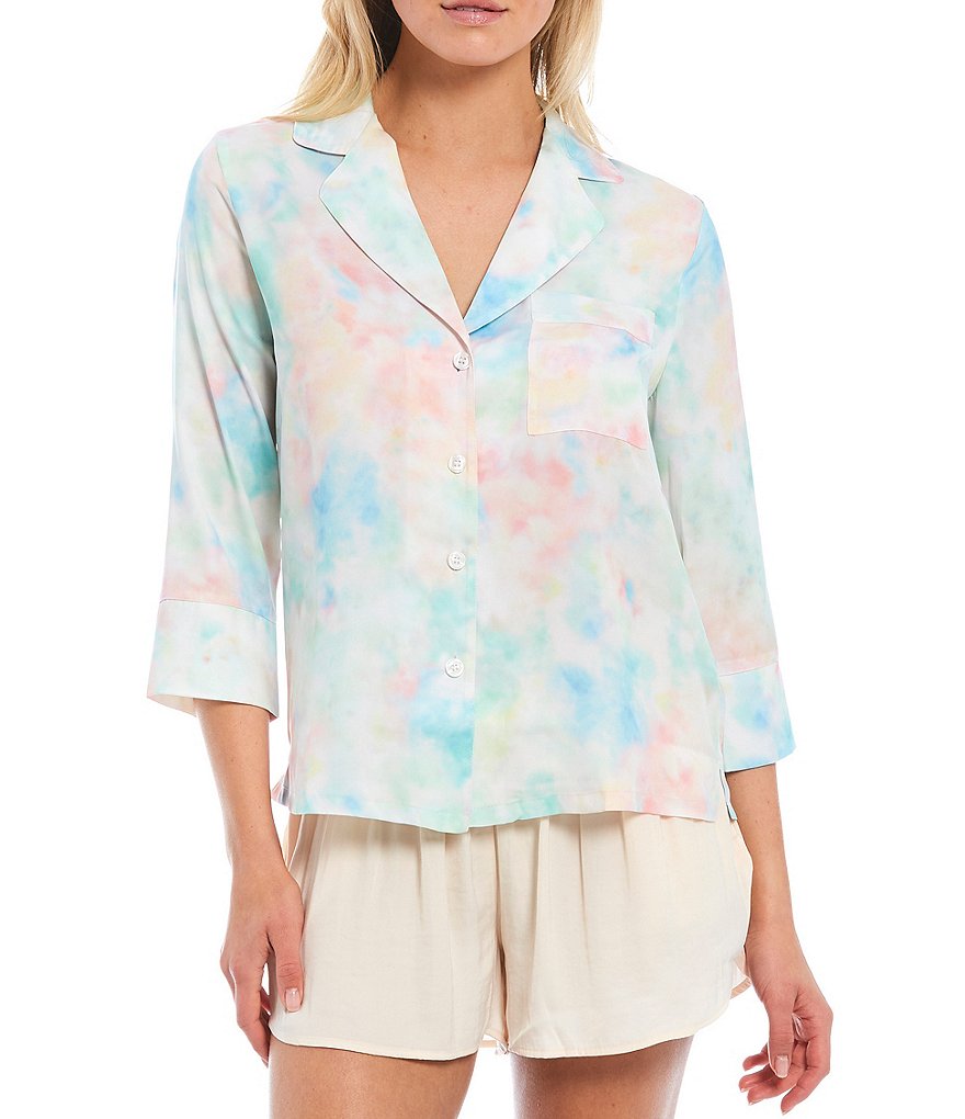 VAN WINKLE & CO. Watercolor Print 3/4 Sleeve Woven Satin Sleep Top