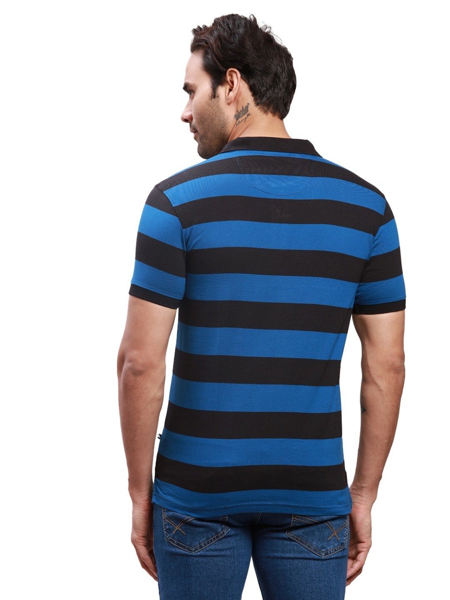 Parx Blue Cotton Regular Fit Colour Block Polo T-Shirt