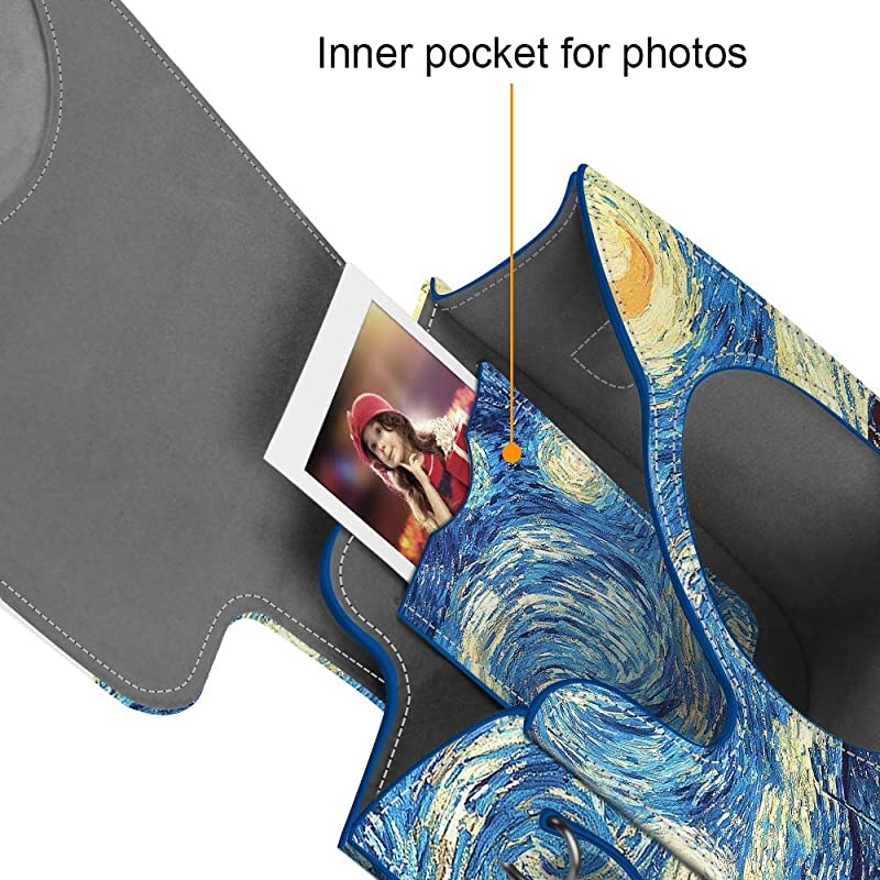 Protective Case Compatible with Fujifilm Instax Mini 8 Mini 8+ Mini 9 Instant Camera Premium Vegan Leather Bag Cover with Removable Strap Starry Night