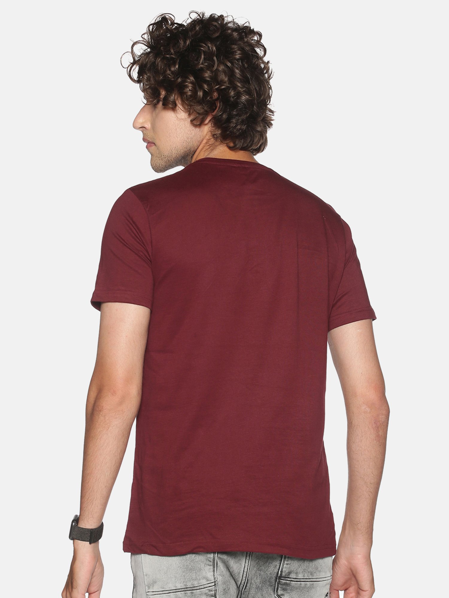 BLACK RADIO Maroon Slim Fit Printed Cotton Crew T-Shirt