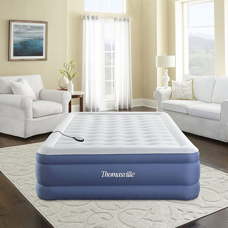 Thomasville Duratex Puncture Resistant Flocked Pillow Top Elevated Inflatable Air Mattress with Internal Air Pump and Connected Controller, Queen