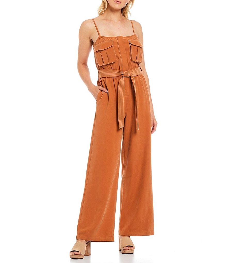 A Loves A Top Stitch Sleeveless Square Neck Tie Belt Utility Jumpsuit