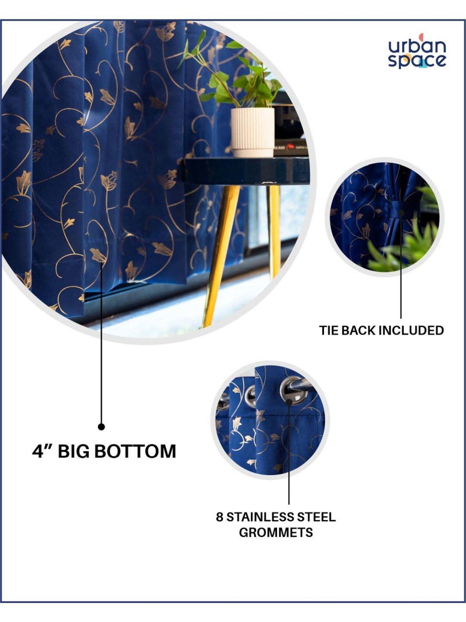 Urban Space Gold Leaf Navy Blue Polyester Black Out Long Door Curtain