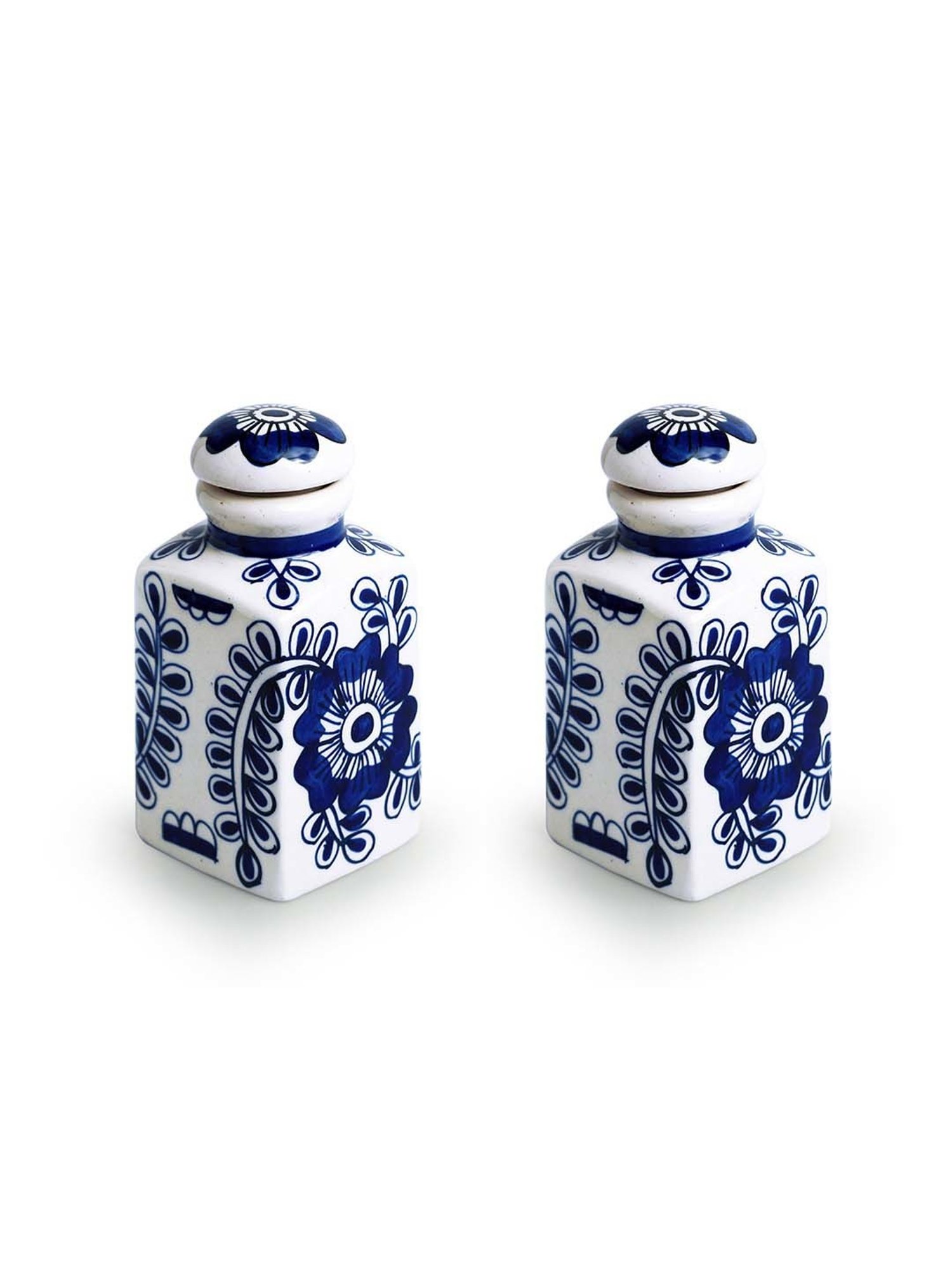 ExclusiveLane Mughal Gardens Ink Blue & White Ceramic Air-Tight Storage Container - Set of 2
