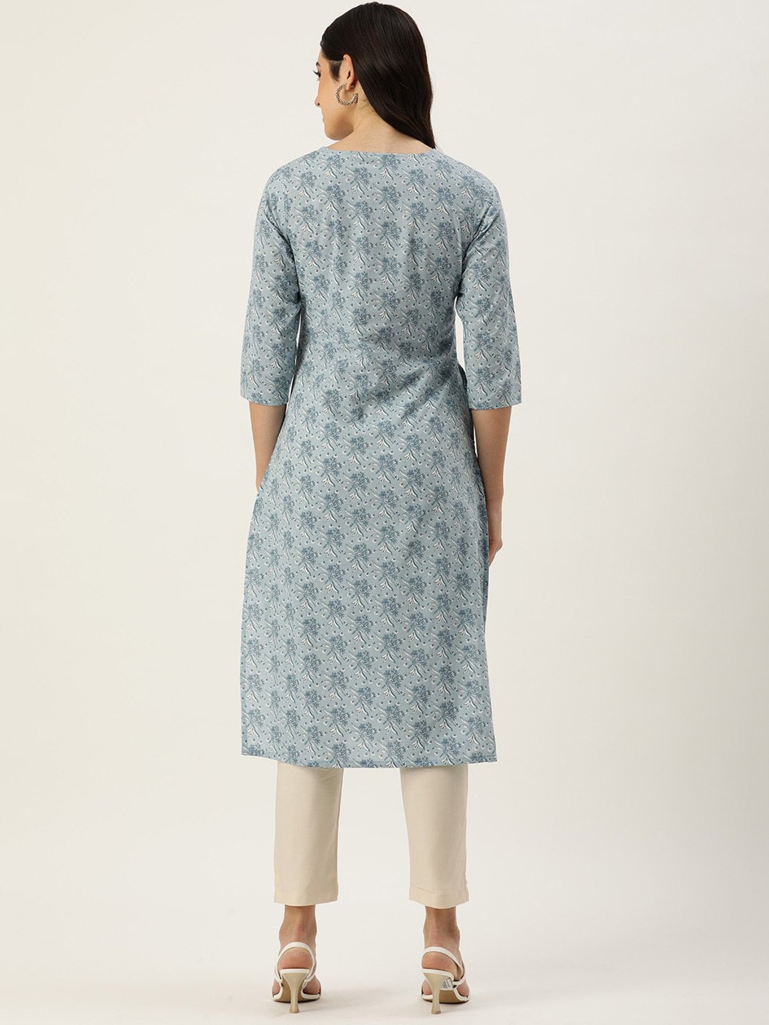 Amukti Blue Cotton Floral Print Straight Kurta