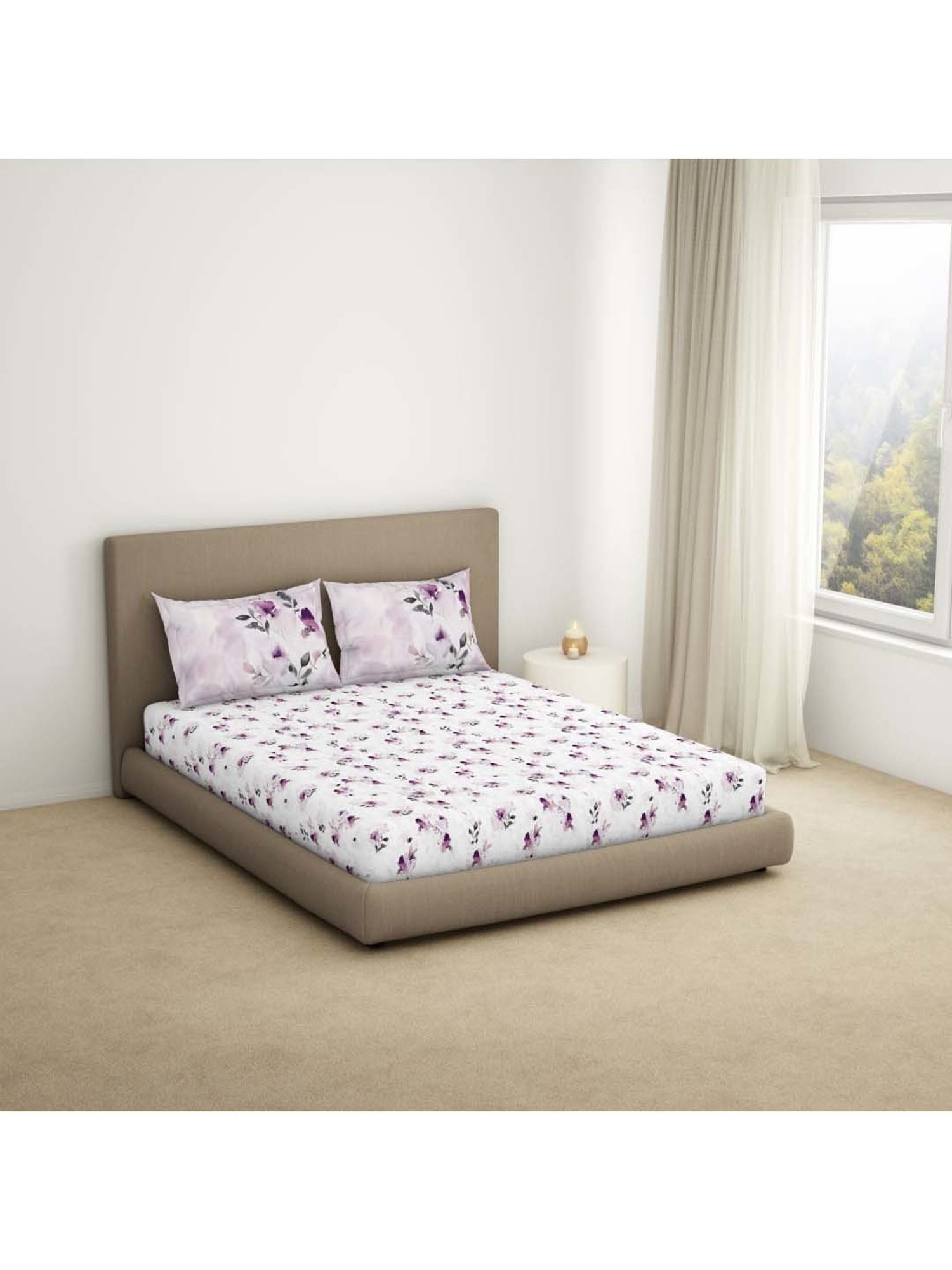 Spaces Dark Purple Cotton 144 TC King Bed Sheet With Pillow Covers