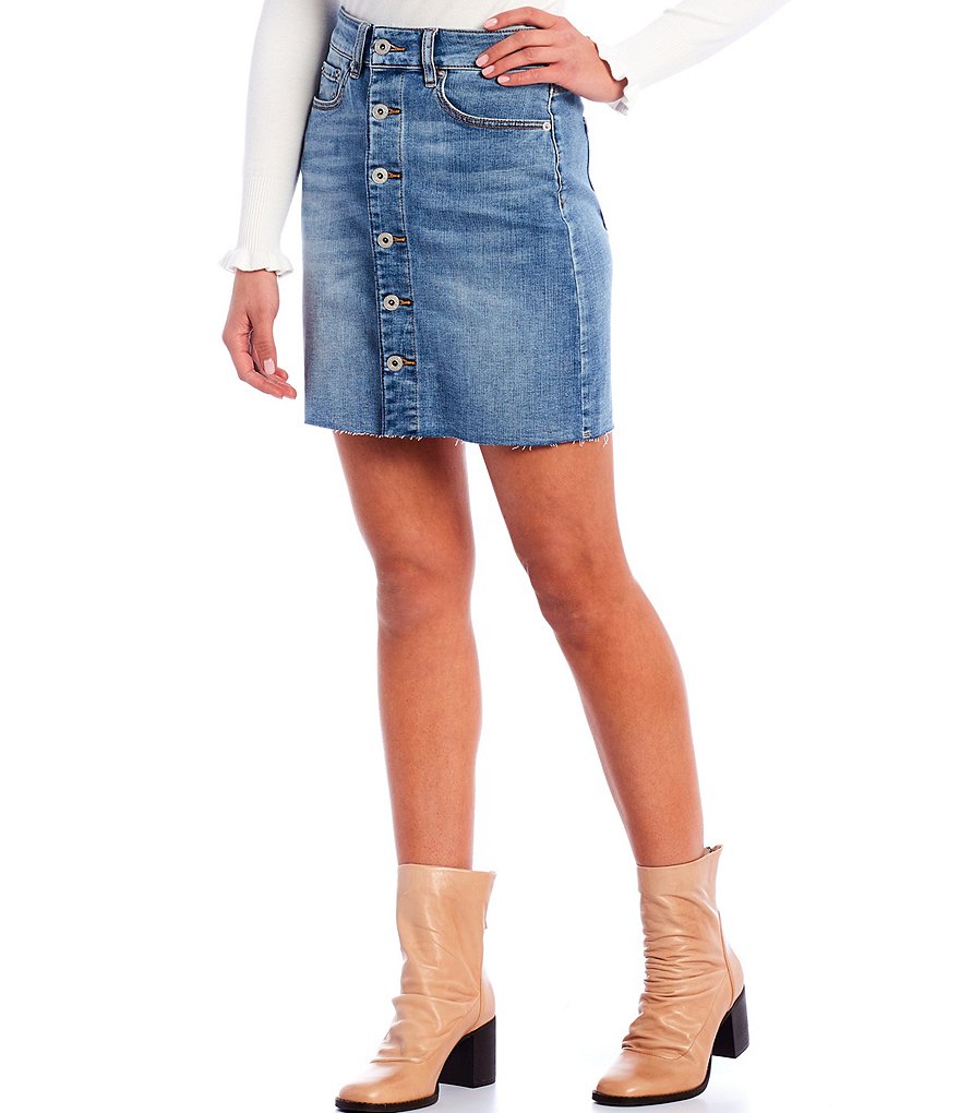 A Loves A Distress Hem High Rise Stretch Denim Skirt
