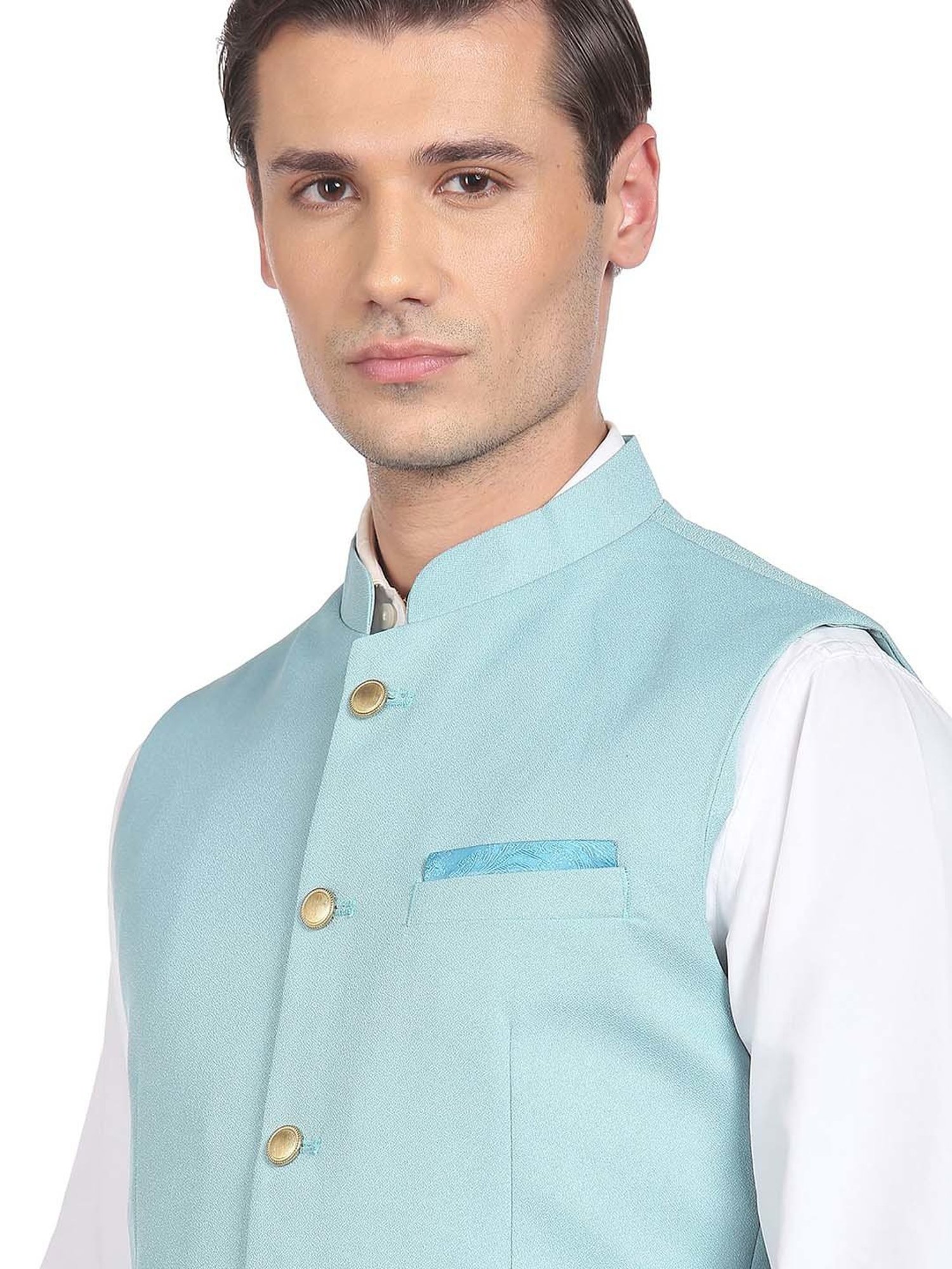 AD by Arvind Aqua Mandarin Collar Nehru Jacket