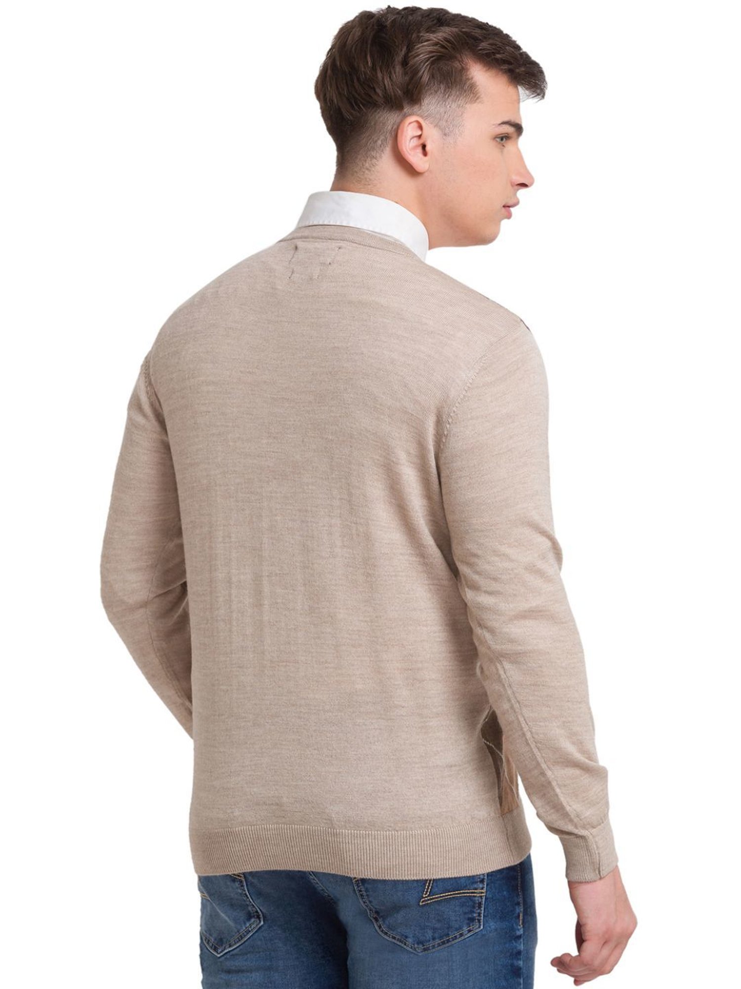 ColorPlus Beige Tailored Fit Self Pattern Sweater