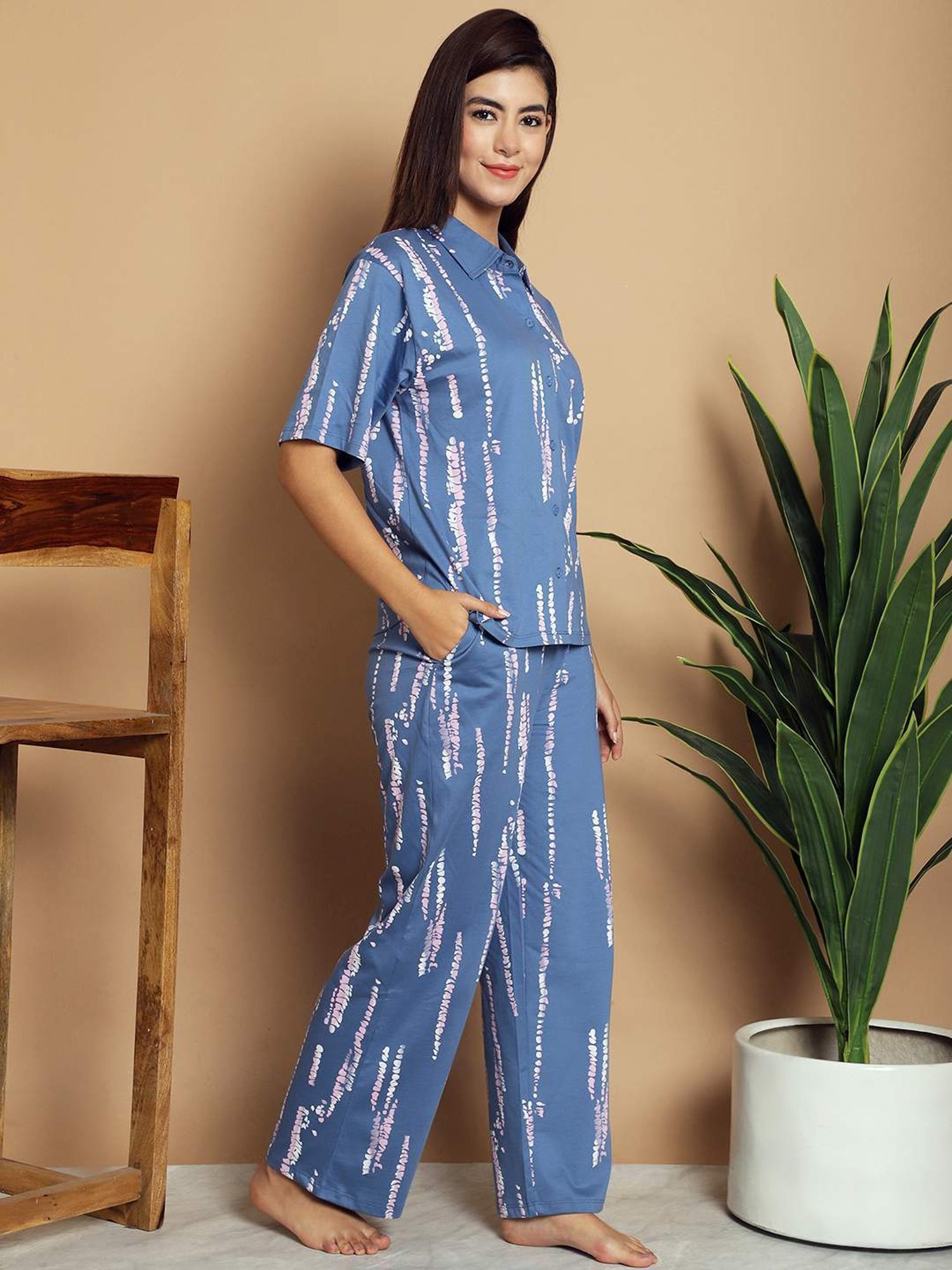 Kanvin Blue Cotton Printed Shirt Pyjamas Set