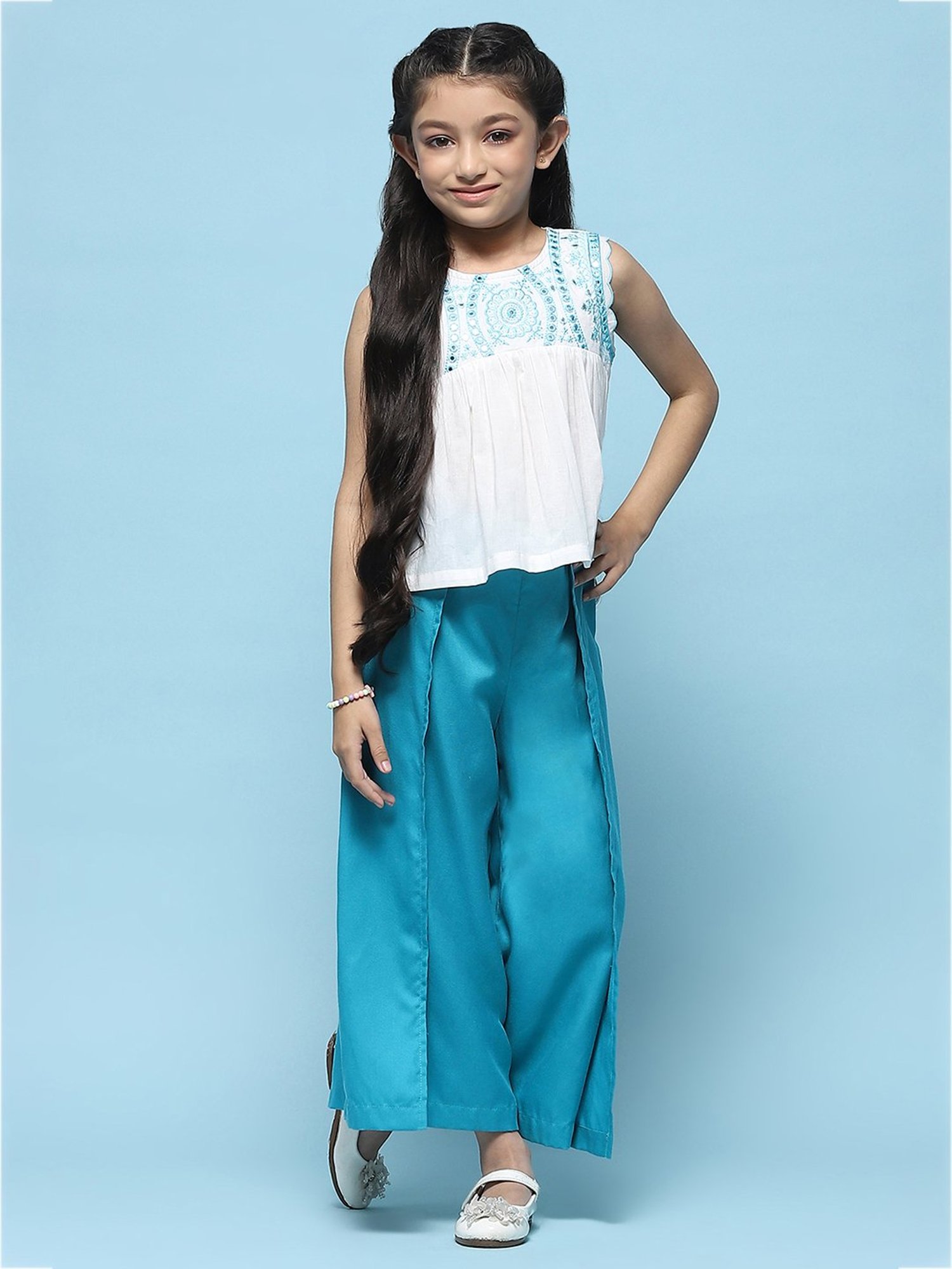 BIBA Girls White Embroidered Top