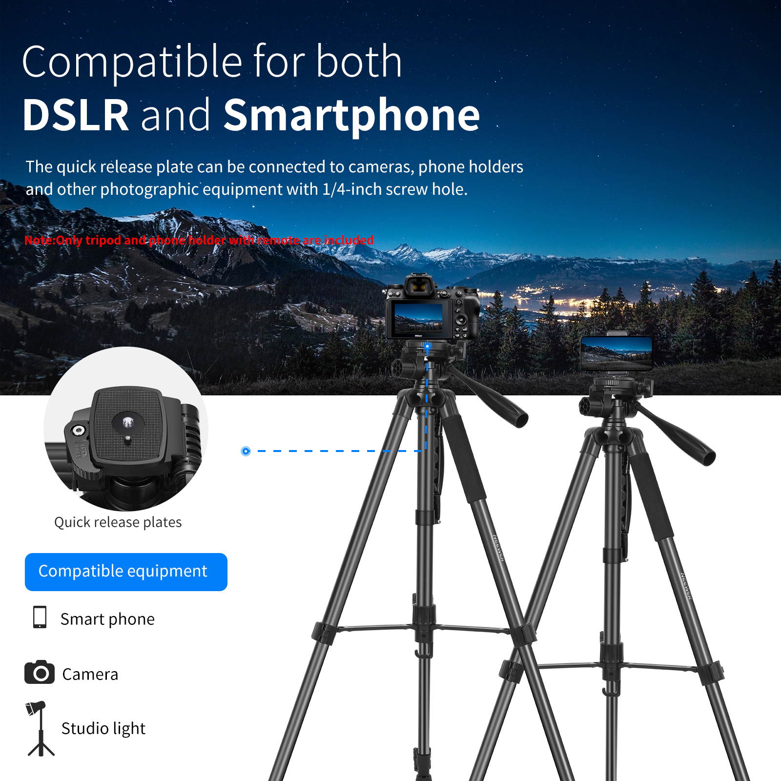 Neewer Camera Tripod, 2-in-1 Aluminum Alloy Tripod Monopod, Max. 72.8""/185 cm with 3-Way Swivel Pan Head, Phone Clip, Wireless Selfie  
Remote and Carrying Bag for DSLR Camera, DV Video Camcorder