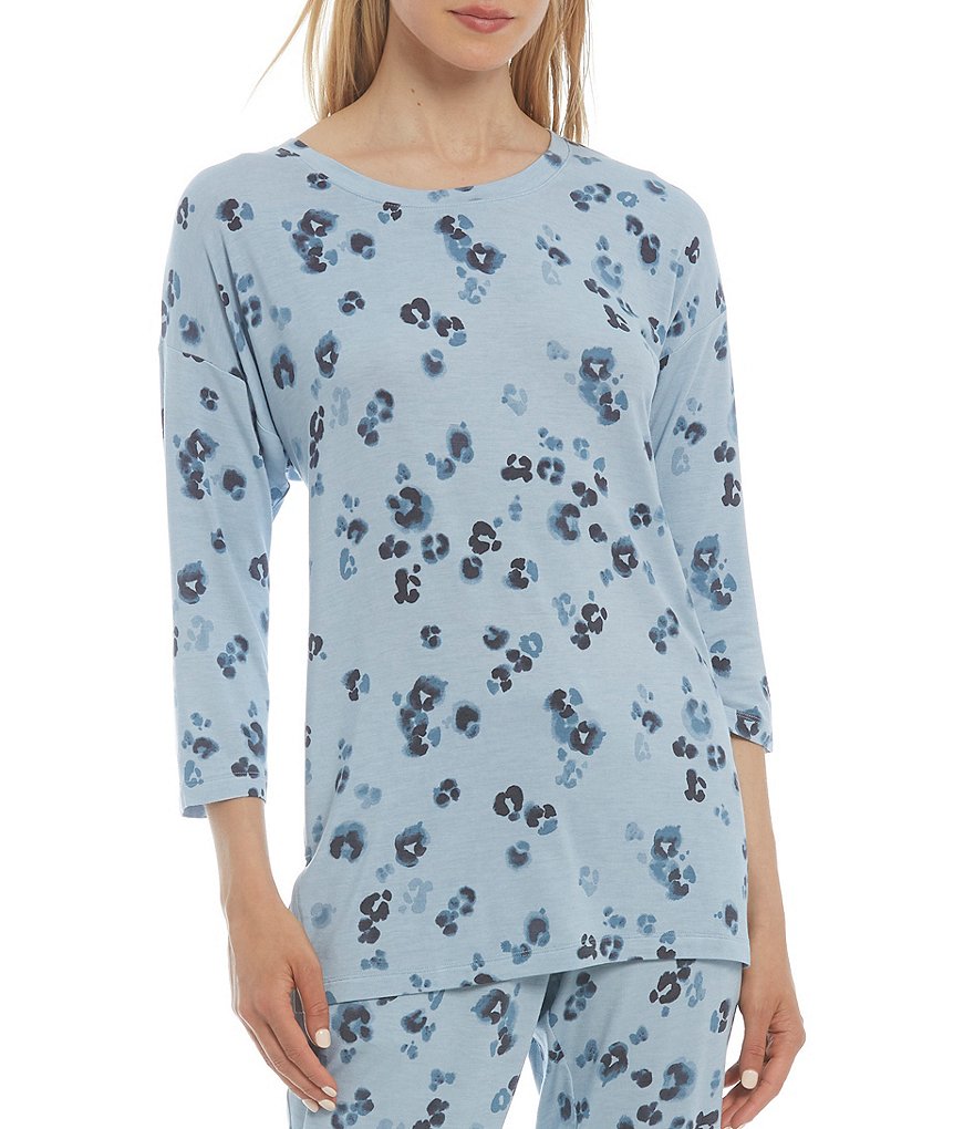 VAN WINKLE & CO. Leopard Print Jersey Knit Long Sleeve Round Neck Coordinating Long Sleep Top