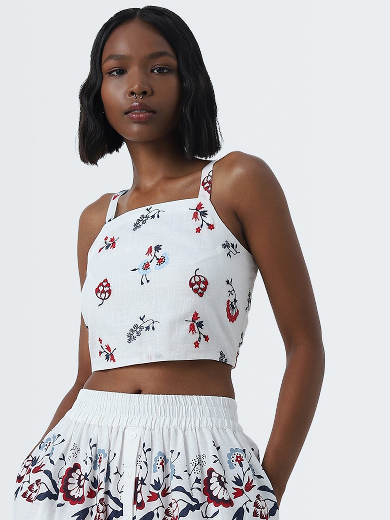 Bombay Paisley by Westside White Floral Embroidered Cotton Crop Top
