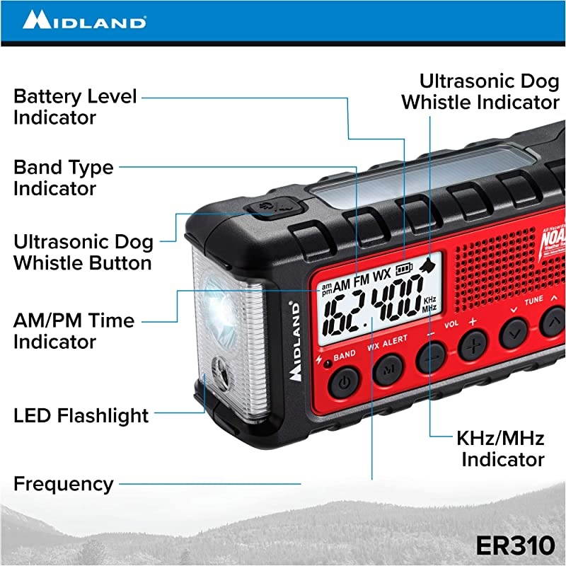 ER310 Emergency Crank Weather AMFM Radio Multiple Power Sources SOS Emergency Flashlight Ultrasonic Dog Whistle NOAA Weather Scan + Alert RedBlack