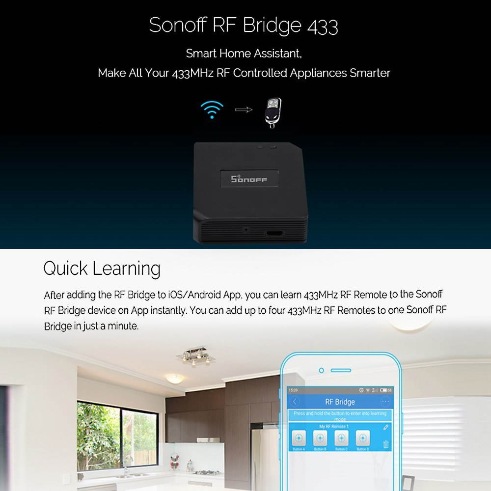 Sonoff RF Bridge 433MHZ Wifi Wireless Intelligent Wi-Fi Remote RF Controller Automation Module Switch For Smart Home Security Alexa Google Home