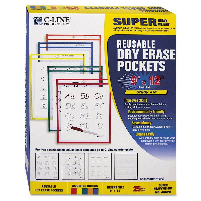 C-Line 25ct 9" x 12" Reusable Dry Erase Pockets - Primary Colors